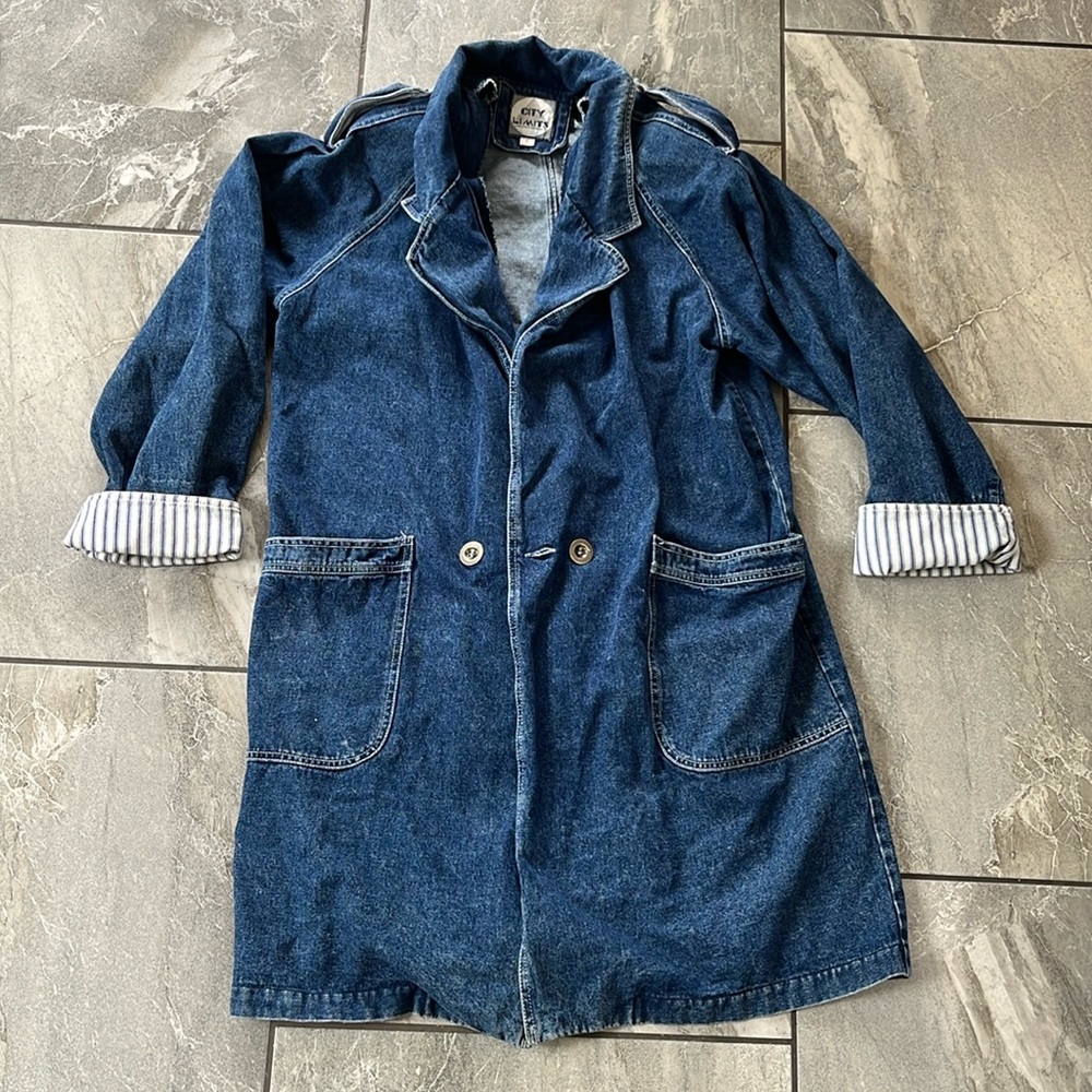 💙 Vintage City Limits Denim Trench Coat Cotton Size Large Ticking Accent
